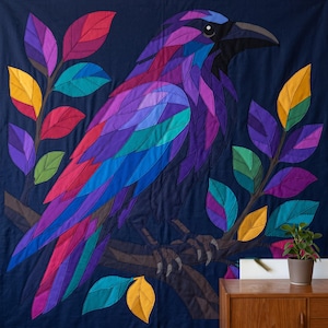 Modèle de courtepointe Corbeau, Appliqué thermocollant à bords francs (PDF), Modèle de courtepointe Oiseau, Décoration murale patchwork, Gabarit de courtepointe animal d'art populaire image 5