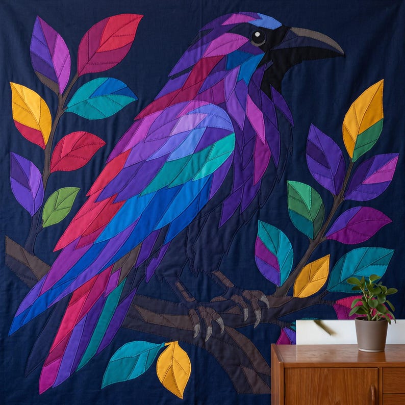 Modèle de courtepointe Corbeau, Appliqué thermocollant à bords francs (PDF), Modèle de courtepointe Oiseau, Décoration murale patchwork, Gabarit de courtepointe animal d'art populaire image 5
