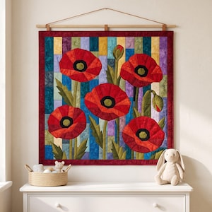 Klaprozenquiltpatroon, applicatie met rafelige rand en strijkapplicatie, bloemenquiltpatroon (PDF), patchwork wandkleed, sjabloon voor een quilt in volkskunststijl afbeelding 16