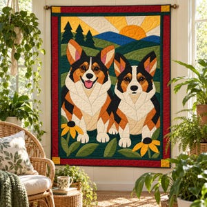 Corgi Pair Quilt Pattern, Applique & Collage Dog Quilt, Animal Quilt Pattern PDF, Patchwork Wall Hanging, Folk Art Quilt Template image 7