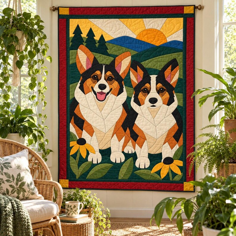 Corgi Pair Quilt Pattern, Applique & Collage Dog Quilt, Animal Quilt Pattern PDF, Patchwork Wall Hanging, Folk Art Quilt Template image 7