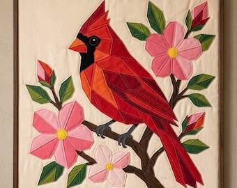 Patrón de edredón Cardenal, Patrón de edredón para colgar en la pared con diseño de pájaro en PDF, Patrón de edredón con apliques, Edredón de pared de arte popular con pájaro rojo, Aplique termoadhesivo con borde sin rematar