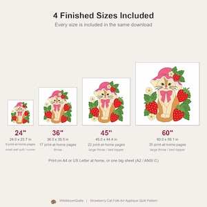 Strawberry Cat Quilt Pattern, Raw Edge Fusible Applique, Cat Quilt Pattern PDF, Patchwork Wall Hanging, Folk Art Quilt Template image 6