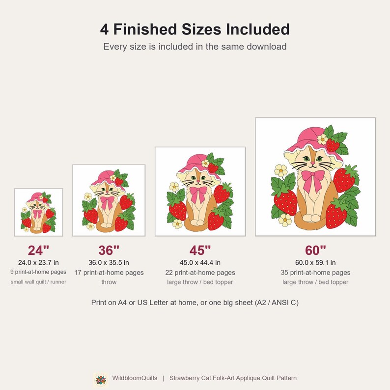 Strawberry Cat Quilt Pattern, Raw Edge Fusible Applique, Cat Quilt Pattern PDF, Patchwork Wall Hanging, Folk Art Quilt Template image 6