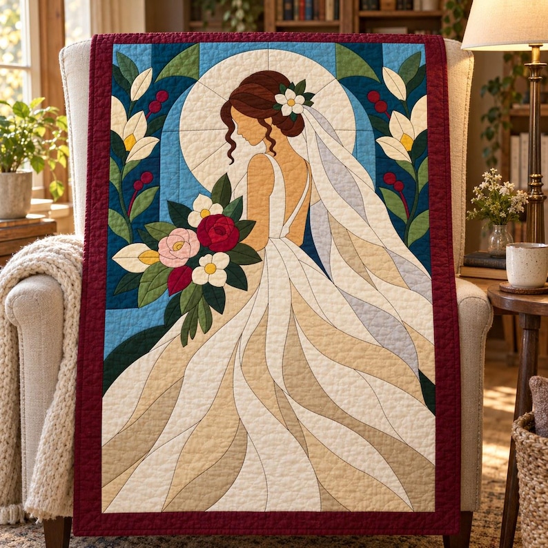 Bride Quilt Pattern, Applique & Collage Quilt, Wedding Quilt Pattern PDF, Patchwork Wall Hanging, Folk Art Quilt Template image 5