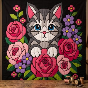 Cat with Roses Quilt Pattern, Cat Wall Hanging Quilt Pattern PDF, Floral Applique Quilt Pattern, Raw Edge Fusible Applique image 2
