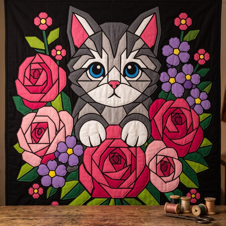 Cat with Roses Quilt Pattern, Cat Wall Hanging Quilt Pattern PDF, Floral Applique Quilt Pattern, Raw Edge Fusible Applique image 2