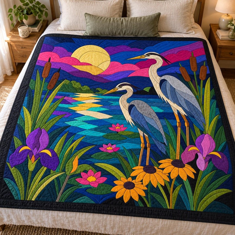 Patrón de colcha de garza, aplique termoadhesivo con borde sin rematar, patrón de colcha de pájaros en PDF, tapiz de pared de paisaje de humedal, plantilla de colcha de arte popular imagen 5