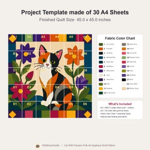 Calico Cat Quilt Pattern, Applique & Collage Quilt, Animal Quilt Pattern PDF, Patchwork Wall Hanging, Folk Art Quilt Template image 6