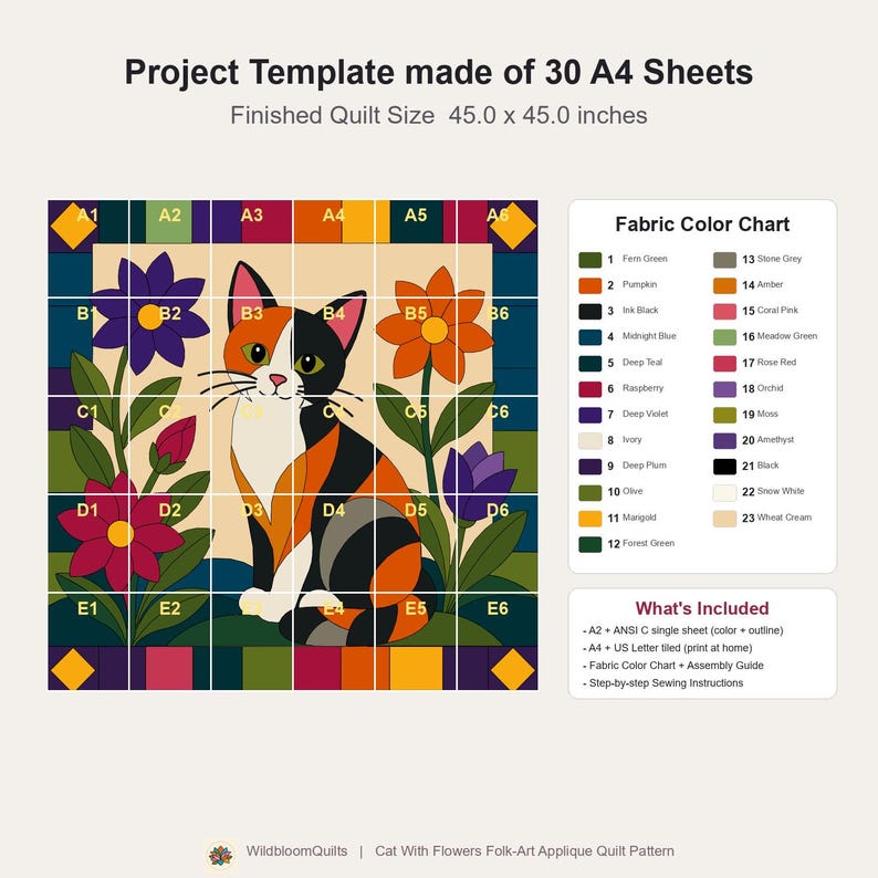Calico Cat Quilt Pattern, Applique & Collage Quilt, Animal Quilt Pattern PDF, Patchwork Wall Hanging, Folk Art Quilt Template image 6