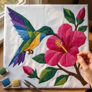 Hummingbird Quilt Pattern, Raw Edge Fusible Applique PDF, Tropical Bird Quilt Pattern, Hibiscus Patchwork Wall Hanging image 5