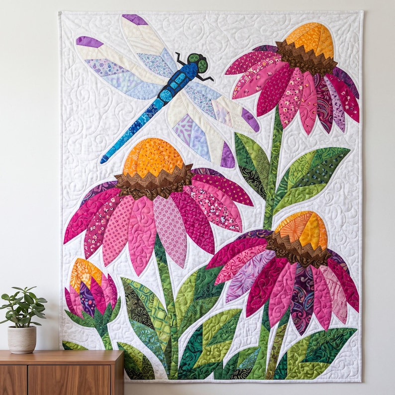 Mönster med trollslända- och solhattblommigt quiltmönster, applikations- och collagequilt i PDF-format, quiltmönster med blommigt djurmönster, applikation med råa kanter och smältbara mönster bild 9