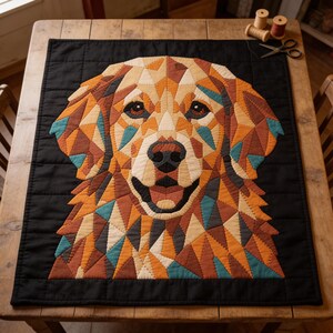 May include: A rectangular fabric wall hanging featuring a geometric, mosaic-style portrait of a golden retriever dog. The dog is composed of triangular patches in shades of gold, brown, cream, and teal, set against a solid black background.