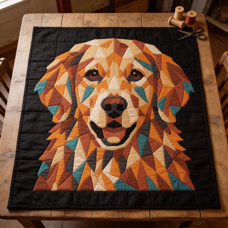 May include: A rectangular fabric wall hanging featuring a geometric, mosaic-style portrait of a golden retriever dog. The dog is composed of triangular patches in shades of gold, brown, cream, and teal, set against a solid black background.