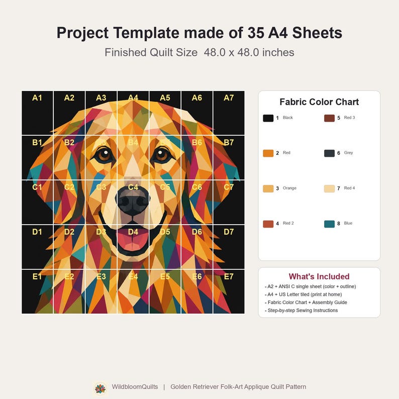 May include: A geometric golden retriever quilt pattern template composed of 35 A4 sheets, creating a 48.0 x 48.0 inch finished quilt. The design features a multi-colored dog portrait with a grid overlay, a fabric color chart, and a list of included items.