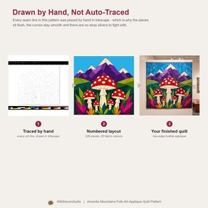 Mushroom Mountain Quilt Pattern, Raw Edge Fusible Applique, Toadstool Quilt Pattern PDF, Patchwork Wall Hanging, Folk Art Quilt Template image 12