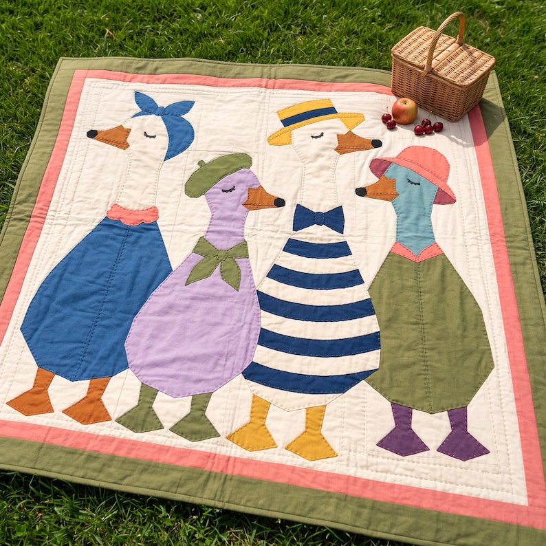 Dressed Geese Quilt Pattern, 2 Designs & 5 Sizes up to 60in, Raw Edge Fusible Applique, Animal Quilt Pattern PDF, Folk Art Geese Bed Quilt image 16