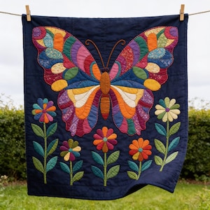 Butterfly Garden Quilt Pattern, Raw Edge Fusible Applique PDF, Folk Art Animal Quilt, Patchwork Wall Hanging Template image 12