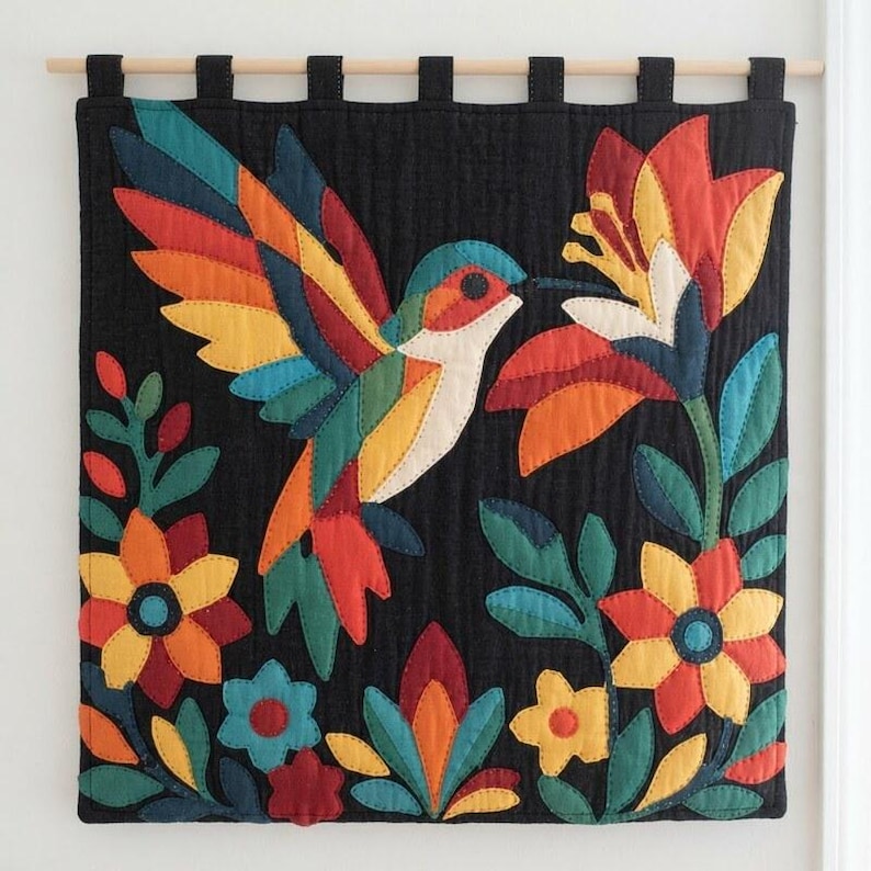 Patrón de colcha de colibrí, patrón de colcha de pared de pájaros en PDF, colcha de apliques para principiantes, aplique termoadhesivo con borde sin rematar imagen 7