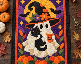Patrón de colcha de fantasmas de Halloween, colcha de apliques y collage, patrón de colcha de gato negro en PDF, tapiz de pared de patchwork, plantilla de calabaza con sombrero de bruja