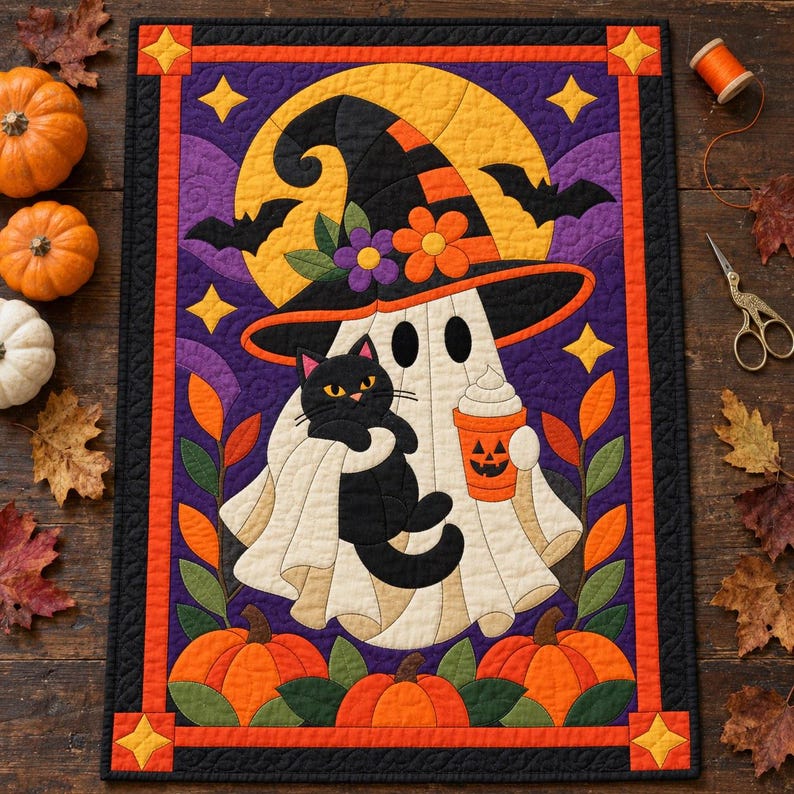 Halloween Ghost Quilt Pattern, Applique & Collage Quilt, Black Cat Quilt Pattern PDF, Patchwork Wall Hanging, Witch Hat Pumpkin Template image 1