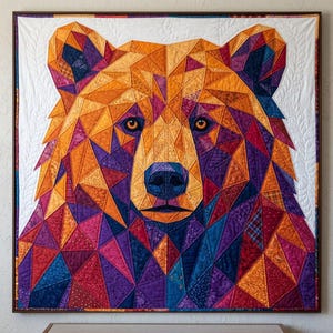 Patrón de edredón de oso, aplique termoadhesivo geométrico con borde sin rematar, patrón de edredón de animales en PDF, tapiz de pared de patchwork, plantilla de edredón de arte popular imagen 8