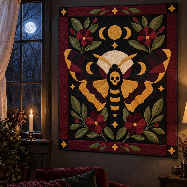 Death's Head Moth Quilt Pattern, Applique & Collage Quilt, Gothic Moth PDF Pattern, Patchwork Wall Hanging, Folk Art Quilt Template image 6