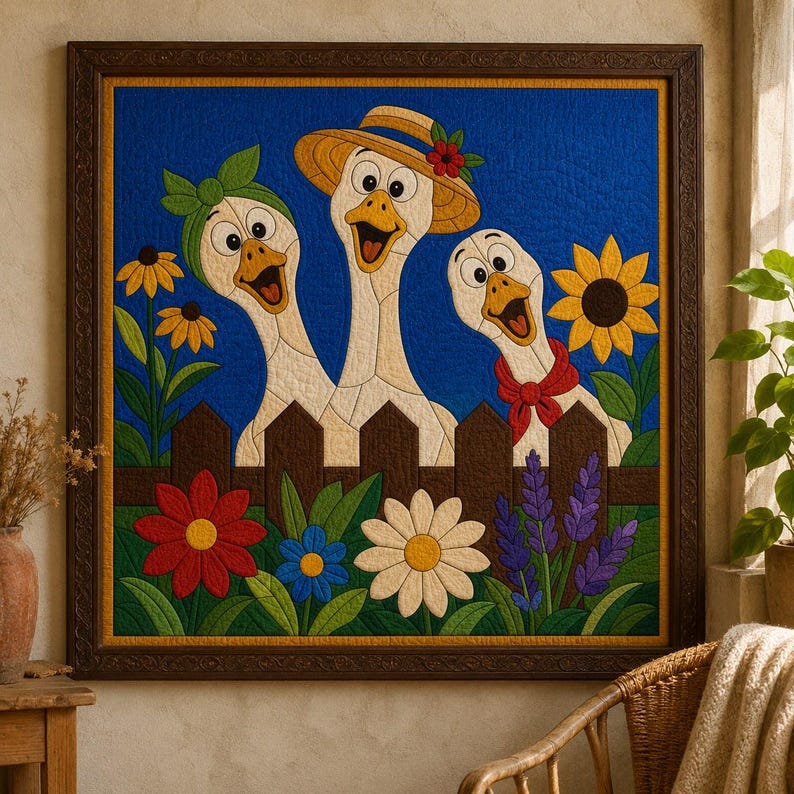 Funny Geese Quilt Pattern, Raw Edge Fusible Applique, Animal Quilt Pattern PDF, Patchwork Wall Hanging, Folk Art Quilt Template image 2