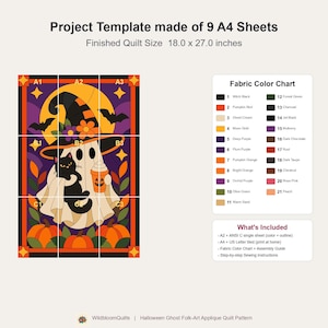 Halloween Ghost Quilt Pattern, Applique & Collage Quilt, Black Cat Quilt Pattern PDF, Patchwork Wall Hanging, Witch Hat Pumpkin Template image 2