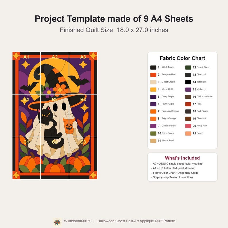 Halloween Ghost Quilt Pattern, Applique & Collage Quilt, Black Cat Quilt Pattern PDF, Patchwork Wall Hanging, Witch Hat Pumpkin Template image 2