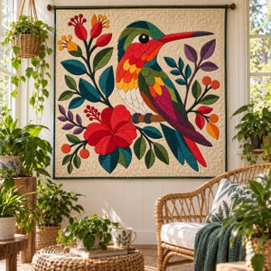 Patrón de colcha de colibrí, colcha de apliques y collage, patrón de colcha floral tropical en PDF, tapiz bohemio, plantilla de colcha de pájaros de arte popular imagen 8
