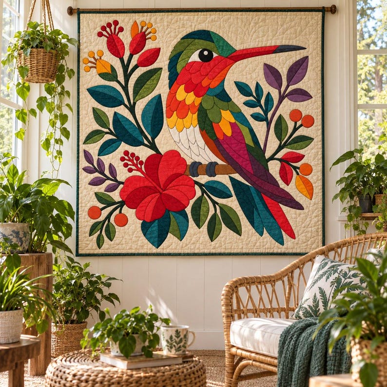 Patrón de colcha de colibrí, colcha de apliques y collage, patrón de colcha floral tropical en PDF, tapiz bohemio, plantilla de colcha de pájaros de arte popular imagen 8