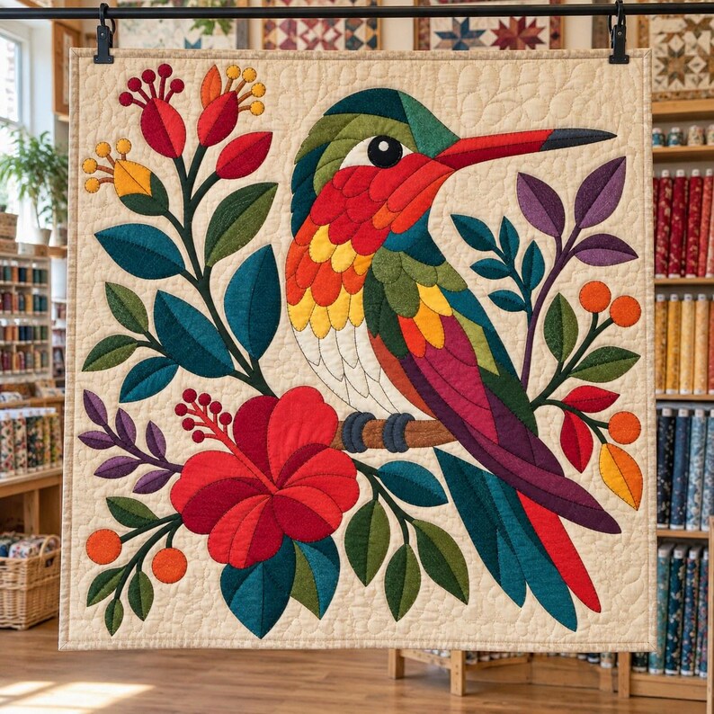 Patrón de colcha de colibrí, colcha de apliques y collage, patrón de colcha floral tropical en PDF, tapiz bohemio, plantilla de colcha de pájaros de arte popular imagen 5