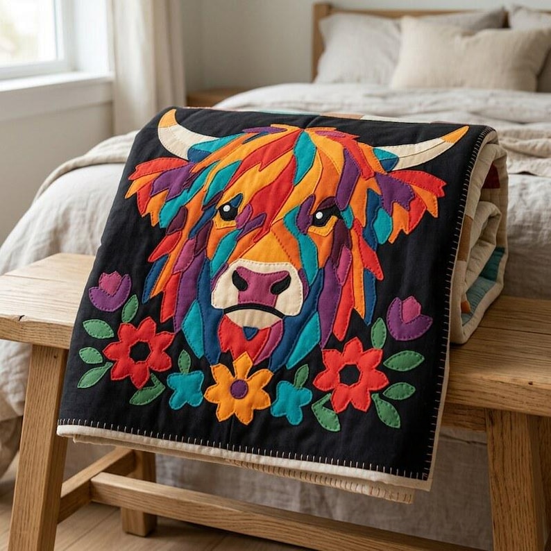 Highland Cow Quilt Pattern, Cow Wall Hanging Quilt Pattern PDF, Easy Applique Quilt for Beginners, Raw Edge Fusible Applique image 7