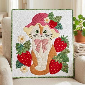 Strawberry Cat Quilt Pattern, Raw Edge Fusible Applique, Cat Quilt Pattern PDF, Patchwork Wall Hanging, Folk Art Quilt Template image 16