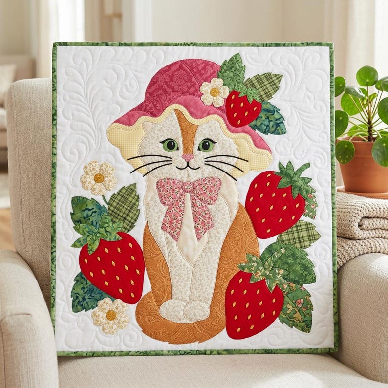 Strawberry Cat Quilt Pattern, Raw Edge Fusible Applique, Cat Quilt Pattern PDF, Patchwork Wall Hanging, Folk Art Quilt Template image 16