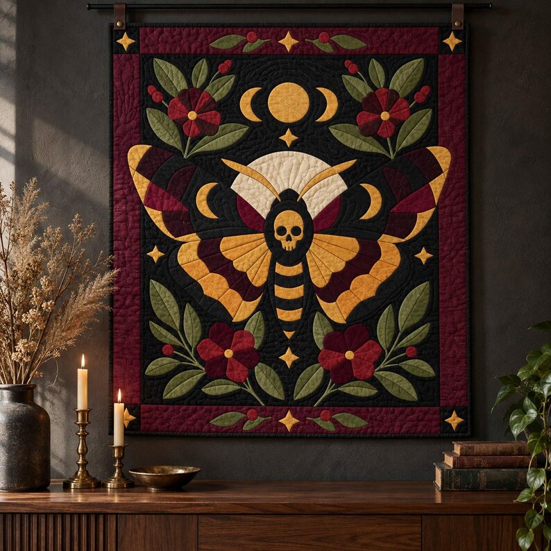 Death's Head Moth Quilt Pattern, Applique & Collage Quilt, Gothic Moth PDF Pattern, Patchwork Wall Hanging, Folk Art Quilt Template image 7