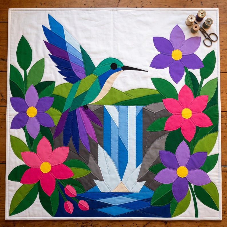Hummingbird Quilt Pattern, Bird Wall Hanging Quilt Pattern PDF, Beginner Applique Quilt, Raw Edge Fusible Applique image 1