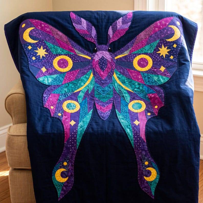 Amethyst Moth Quilt Pattern, Raw Edge Fusible Applique PDF, Celestial Moth Pattern, Patchwork Wall Hanging, Folk Art Quilt Template image 6