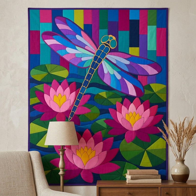 Dragonfly Waterlily Quilt Pattern, Raw Edge Fusible Applique PDF, Pond Folk Art Quilt Template, Patchwork Wall Hanging, Animal Quilt Pattern image 10