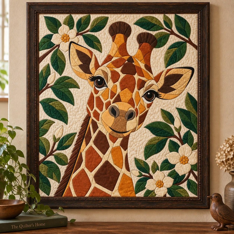 Giraffen-Quiltmuster, Applikations- und Collage-Quilt, Tier-Quiltmuster (PDF), Magnolien-Wandbehang im Volkskunststil, Patchwork-Vorlage Bild 1