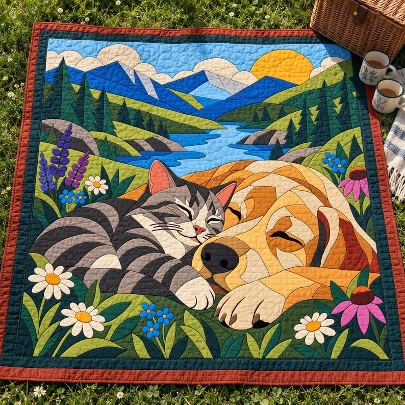 Sleeping Cat and Dog Quilt Pattern, Applique & Collage Quilt PDF, Pet Animal Quilt Pattern, Patchwork Wall Hanging, Folk Art Quilt Template image 11