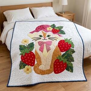 Strawberry Cat Quilt Pattern, Raw Edge Fusible Applique, Cat Quilt Pattern PDF, Patchwork Wall Hanging, Folk Art Quilt Template image 13