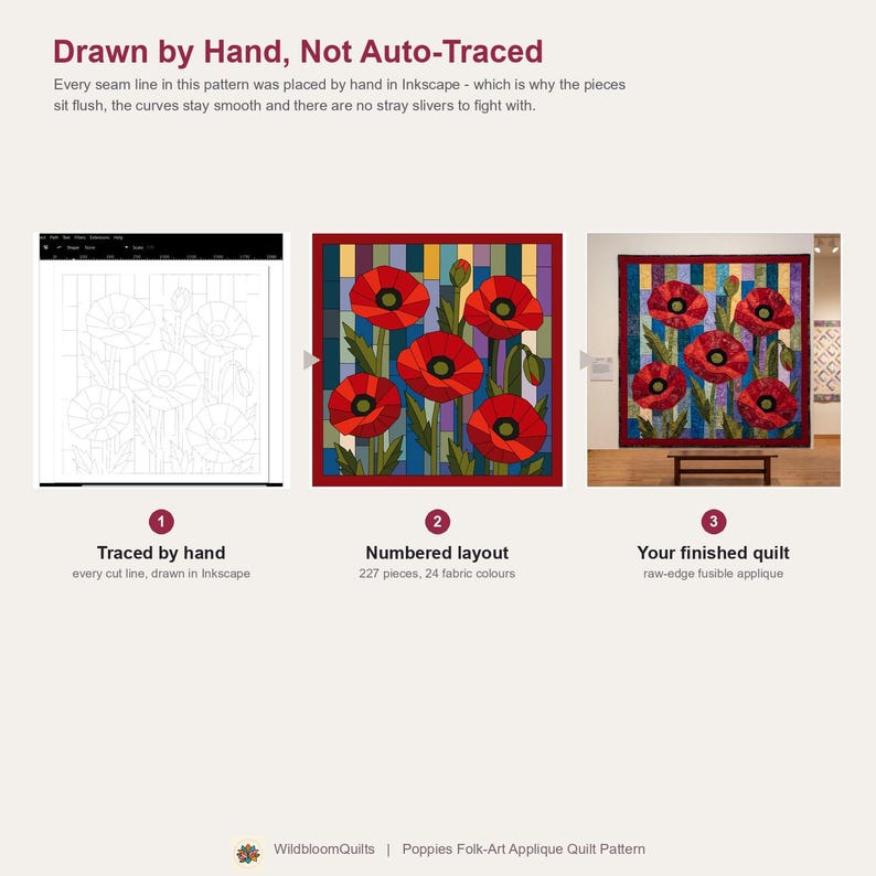 Klaprozenquiltpatroon, applicatie met rafelige rand en strijkapplicatie, bloemenquiltpatroon (PDF), patchwork wandkleed, sjabloon voor een quilt in volkskunststijl afbeelding 13