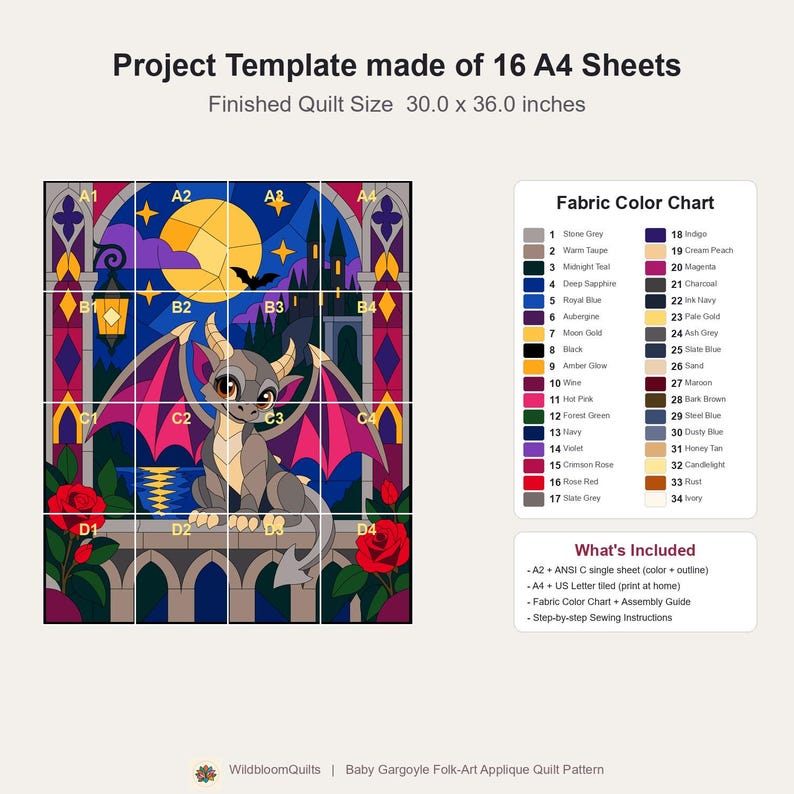 Modello per trapunta Baby Gargoyle, trapunta con applicazioni e collage, modello PDF per trapunta con animali fantastici, arazzo patchwork, modello per trapunta in stile folk art immagine 12
