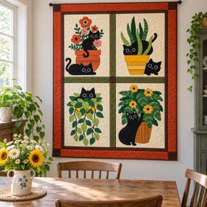 Black Cat Quilt Pattern, Applique & Collage Quilt, Houseplant Cat Quilt PDF, Patchwork Wall Hanging, Folk Art Animal Quilt Template image 9