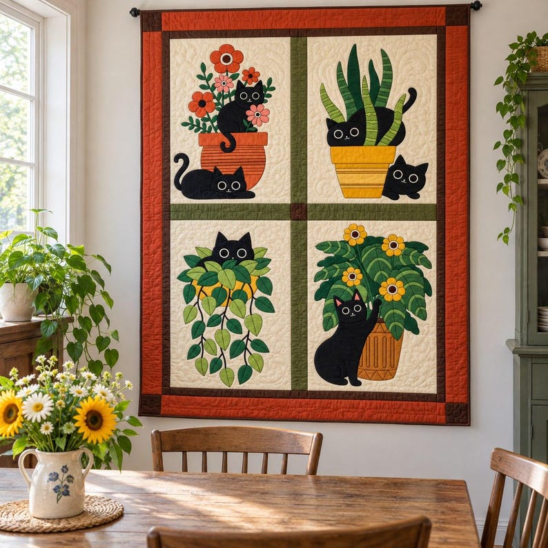 Black Cat Quilt Pattern, Applique & Collage Quilt, Houseplant Cat Quilt PDF, Patchwork Wall Hanging, Folk Art Animal Quilt Template image 9