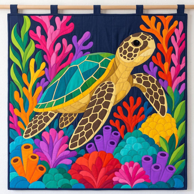 Quiltmuster Meeresschildkröten, PDF-Vorlage für Applikationen mit offenen Kanten, Quiltmuster Meerestiere, Wandbehang Korallenriff, Patchwork-Vorlage im Stil der Volkskunst Bild 14