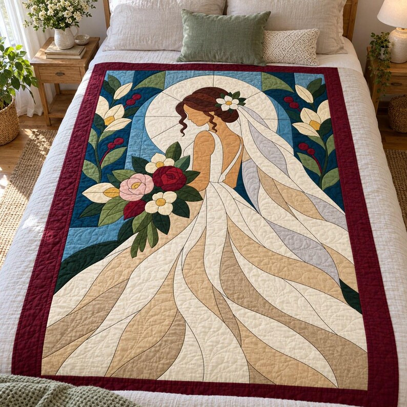 Bride Quilt Pattern, Applique & Collage Quilt, Wedding Quilt Pattern PDF, Patchwork Wall Hanging, Folk Art Quilt Template image 9