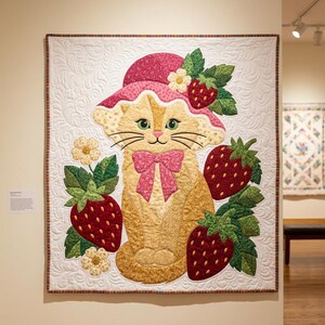 Strawberry Cat Quilt Pattern, Raw Edge Fusible Applique, Cat Quilt Pattern PDF, Patchwork Wall Hanging, Folk Art Quilt Template image 7